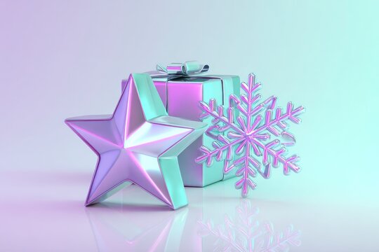 Shiny iridescent star and snowflake with pastel gift on glossy surface. Holiday concept.