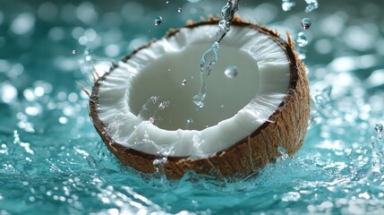 Refreshing Water Splashes into a Halved Coconut in Aqua Setting