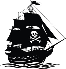 Black pirate ship silhouette vector illustration with skull and bones eps