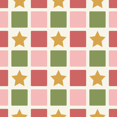 Christmas red green block tiles with golden star seamless pattern background