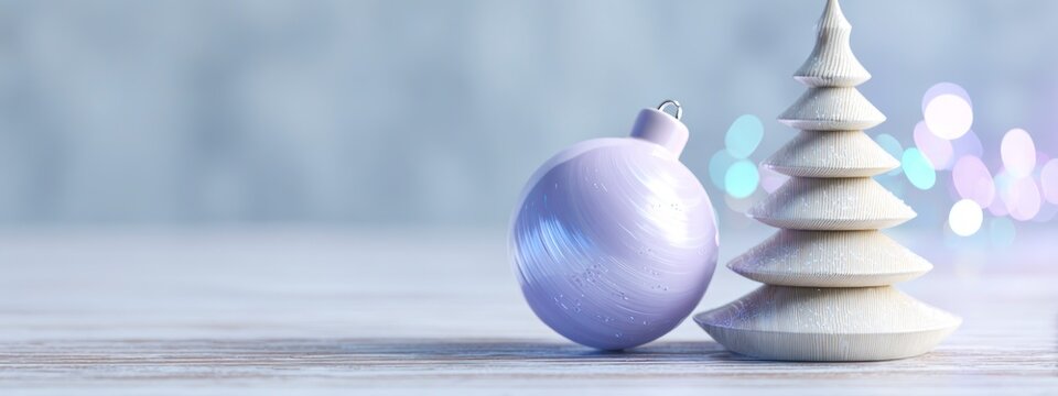 Minimal winter scene featuring a lavender glossy ornament and carved wooden tree with soft glowing lights. Concept: calm holiday atmosphere, clean modern Christmas aesthetic. banner 