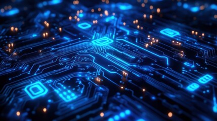 Vibrant Blue Digital Circuit Board with Glowing Lines and Bokeh Lights