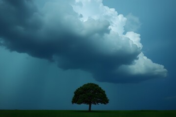 A storm cloud hovering over a single tree.