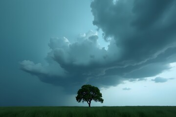 A storm cloud hovering over a single tree.