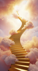 Golden staircase ascending through fluffy clouds towards bright light and ethereal sky