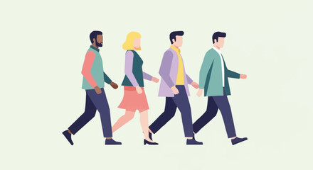 Diverse group of four people walking together in a line.