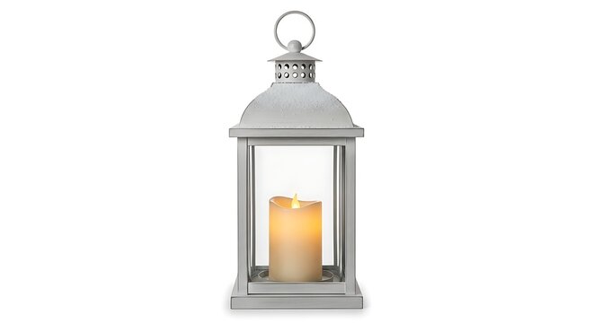 Elegant White Lantern with Glowing Candle on White Background - Powered by Adobe