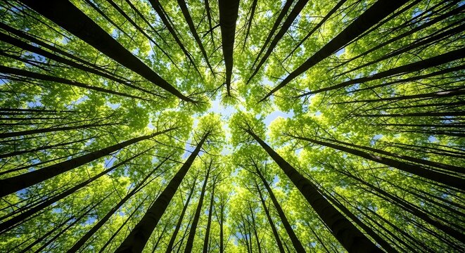 Looking up through a dense canopy of tall forest trees towards the bright sky, creating a striking pattern of vertical trunks and vibrant green leaves - Powered by Adobe