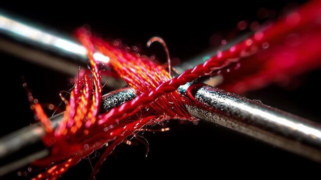 Needle Threading: A close-up shot of a needle piercing through the vibrant red thread, highlighting the meticulous details of sewing, patience, and creation.
