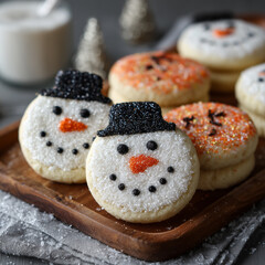 Decorated Snowman Sugar Cookies with Sparkling Sugar Coating and Black Hats on Wooden Tray