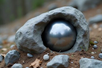 A metal sphere perfectly embedded into a boulder.