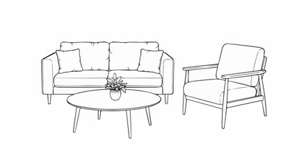 Hand drawn sketch of modern living room furniture with sofa and armchair.