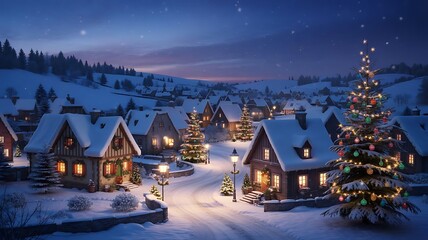 Magical snowy village at twilight with illuminated houses and a decorated christmas tree