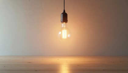 Illuminated Edison light bulb hangs above wooden table surface. Warm glow casts light and shadow on clean wall background. Simple vintage decor element.