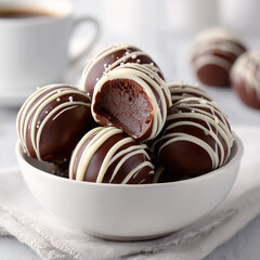 Homemade Dark Chocolate Truffles with White Chocolate Drizzle and Soft Ganache Center in a Bowl 