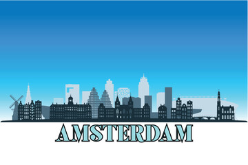 Naklejka premium Global city Amsterdam shown in a detailed vector skyline with a bright blue sky.