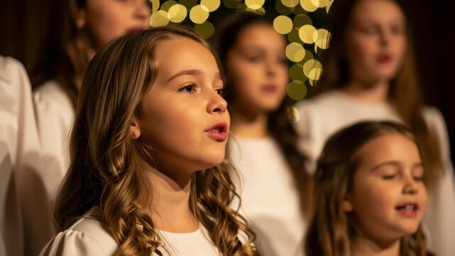 Young girl singing carol with family choir performance christmas holiday joyful child children warm lights bokeh festive family christmas holiday choir performance singing carol child children joyful