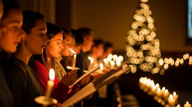 Young woman candle carol family christmas holiday choir singing candlelight service choirbook music youth church tree lights singing by glowing candlelight in warm cozy festive atmosphere