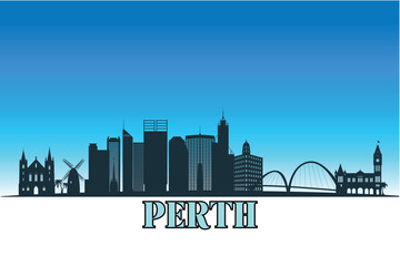 Obraz premium Global city Perth shown in a detailed vector skyline with a bright blue sky.