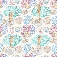 Sea Horse Seamless Pattern with Shells, Coral for Undersea Ocean Themed Designs
