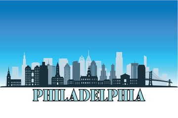 Naklejka premium Global city Philadelphia shown in a detailed vector skyline with a bright blue sky.
