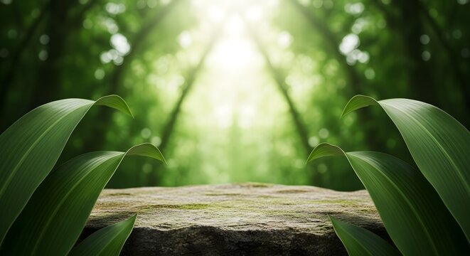 Product display platform made of stone or wood in a lush green forest setting with dramatic sun rays shining down through the canopy above