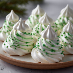 Festive Green and White Meringue Christmas Tree Cookies with Sprinkles on a Ceramic Plate