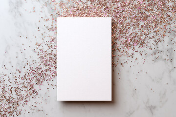 Vertical 5x7 blank invitation on rose gold glitter background with sparkling light, top-down flat lay, soft diffused natural light, single focus, elegant commercial stock mockup.
