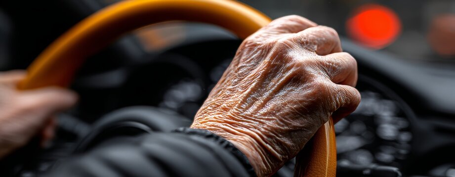 In a heartwarming closeup, an elderly hand clutches a wheelchair wheel, set against a backdrop of warm sunlight, embodying the spirit of accessible independence and strength
