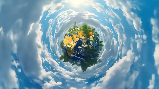 A tiny planet floats inside a swirling blue sky tunnel, with land and seas near the center. at dusk! - Powered by Adobe