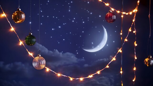 Glowing ramadan crescent moon and stars illuminate a night sky decorated with festive string lights and lanterns - Powered by Adobe