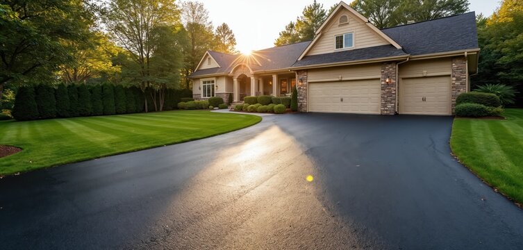 Sunlight shines on a freshly sealed black asphalt driveway leading to a modern beige house with a manicured green lawn. Lush trees form a natural backdrop to this well-kept suburban residence.