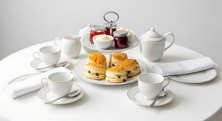 Fototapeta premium Elegant afternoon tea arrangement featuring scones with clotted cream jam and tea cups on a pristine white table perfect for culinary delights