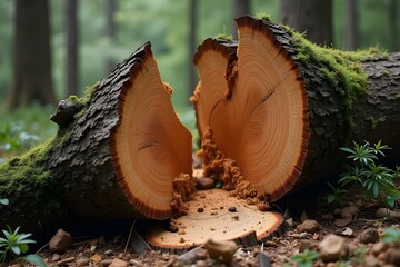 A fallen tree split cleanly as if cut by a laser.