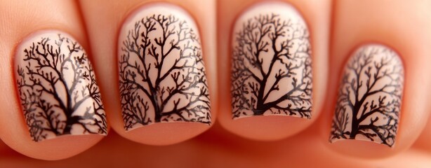The close-up image displays a neutral manicure with a delicate branch design and soft pink polish, embodying a minimalist approach to nail art with a botanical twist