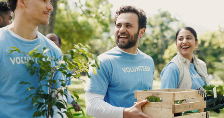 Park, volunteer or happy people with plants for nature restoration project, eco advocate or green initiative. Gardening, sustainable environment or team with trees for climate action, outdoor or ngo