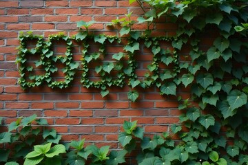 A thick vine spelling out symbols across a brick wall.