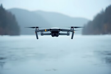 A drone hovering silently above a frozen lake, unpowered.