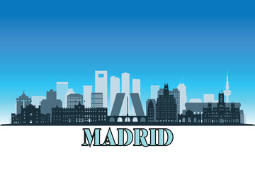 Fototapeta premium Global city Madrid shown in a detailed vector skyline with a bright blue sky.