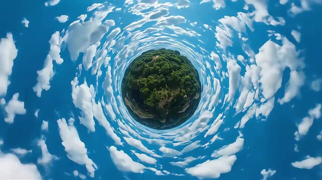 Circular planet-like view shows lush green island surrounded by spiraling clouds and blue sky scapes