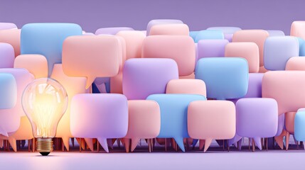Obraz premium The idea of a colorful light bulb is encompassed by delicate pastel speech bubble icons that represent creative thinking and conversation