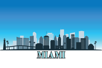 Fototapeta premium Global city Miami shown in a detailed vector skyline with a bright blue sky.