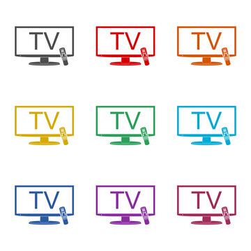 Smart TV with remote control  icon isolated on white background. Set icons colorful
