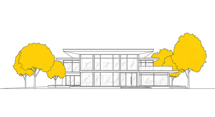 Architectural sketch of a modern house with yellow trees, showcasing a blend of contemporary design and natural elements isolated on white background