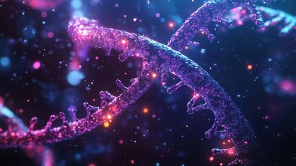 Vibrant Glowing Molecular Strands with Ethereal Particles in Dark Space