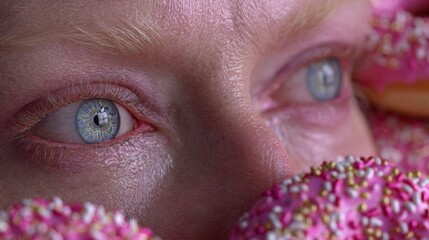 Blue eyes with eyelashes are set against a backdrop of pink donut sprinkles, confetti, sugar, and sweet desserts, creating a dreamy fantasy gaze surrounded by falling confetti and sprinkles