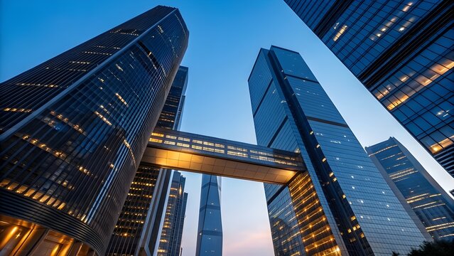 Futuristic High‑Rise Towers Connected By Illuminated Skybridges Under Evening Lights, Showcasing Innovative Urban Design, Modern Engineering, And The Visionary Spirit Of Contemporary Architecture