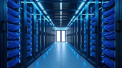 Neon‑Lit Server Room Corridor Filled With Organized Blue Network Cables And Glowing LED Lights, Representing High‑Speed Data, Digital Infrastructure, And The Precision Of Modern Technology