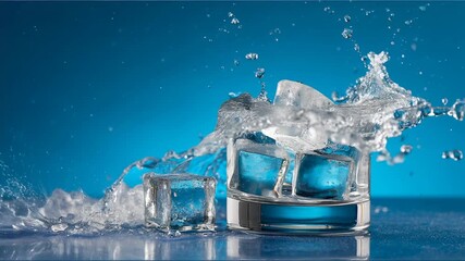 Ice cube splash in crystal clear glass with blue liquid and water droplets. frozen cube impact, scattered ice, dynamic refreshing cold beverage moment - Powered by Adobe