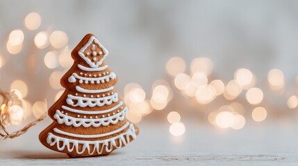 Gingerbread cookies in the shape of a tree, adorned with star icing and surrounded by pine and spice on a rustic table, embody the light hearted joy of the festive holiday winter season